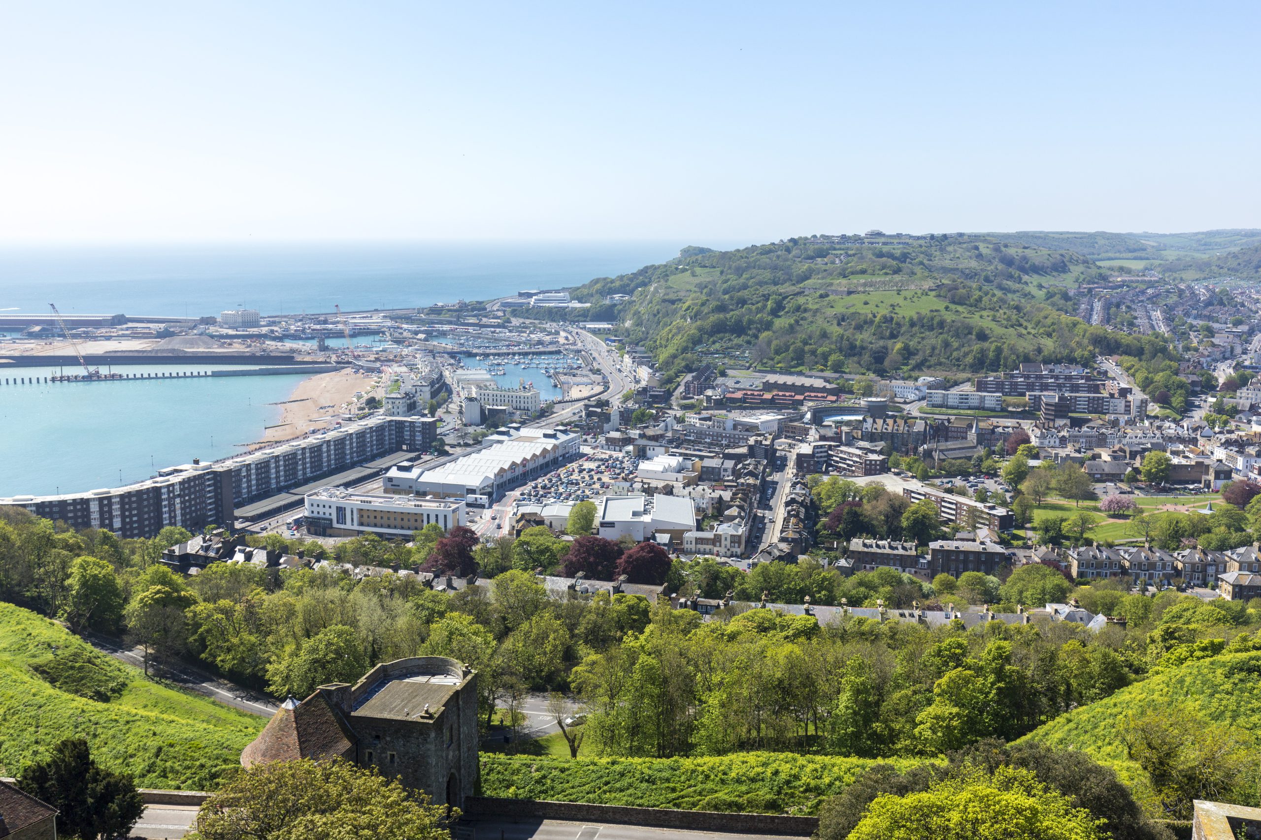 View across Dover town and the Western docks.